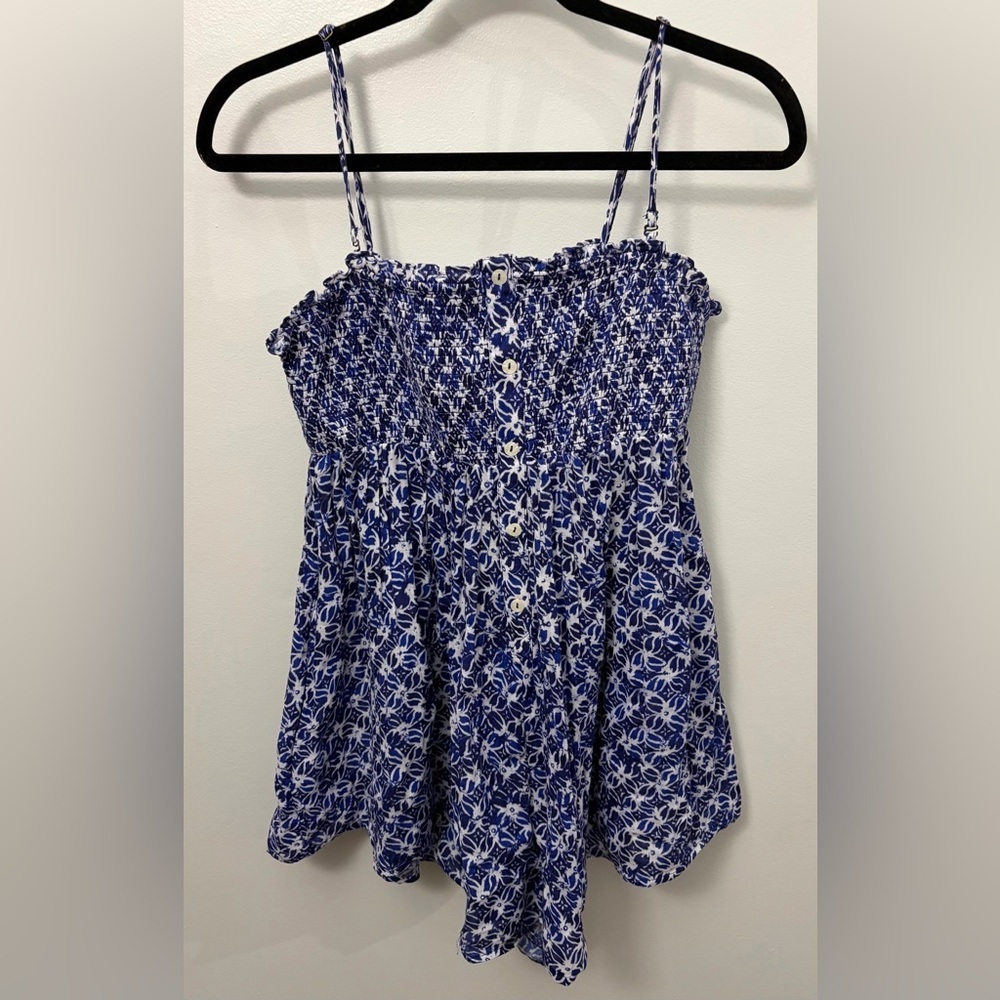 Anthropologie Bandeau Gauze Romper With a Blue and White Printed Pattern